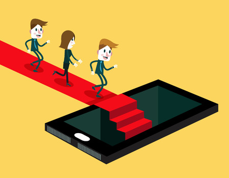 Smartphone and social media mania. Group of people running on red carpet to inside smartphone. flat design. illustration vectorのイラスト素材