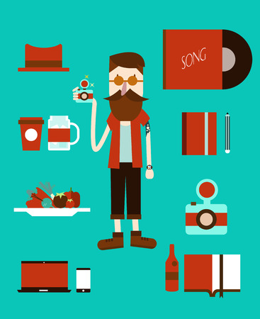 Hipster man with accessory items. flat design character and icons. vectorのイラスト素材