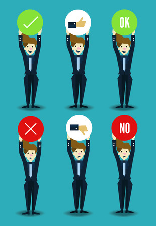 Set of businessman characters with true and false sign. flat character design. vector illustrationのイラスト素材