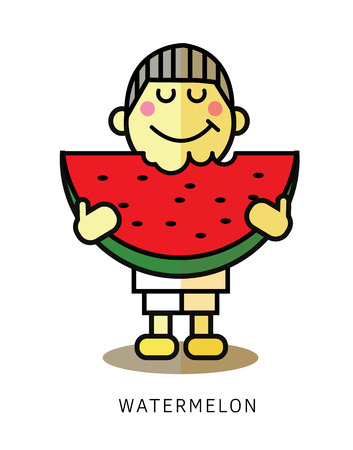 Boy enjoy eating slice of watermelon. flat line character design. vector illustrationのイラスト素材