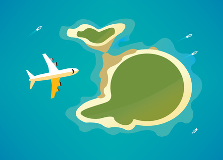 Plane over the tropical island. flat design elements. vector illustrationのイラスト素材
