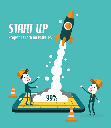 Business people control rocket launching on Mobile. Startup and Development concept. flat design elements. vector illustrationのイラスト素材