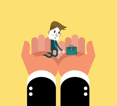 Human hand holding little businessman. flat character design. vector illustrationのイラスト素材