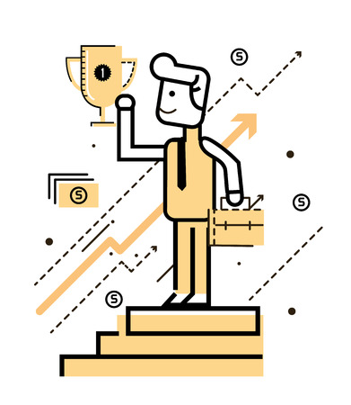 Businessman on the stand and holding winning trophy. Victory concept.  flat thin line design elements. vector illustrationのイラスト素材