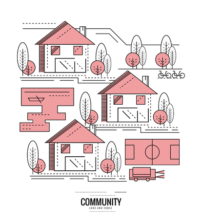 Residential Community. village road mapping. thin line flat design. vector illustrationのイラスト素材