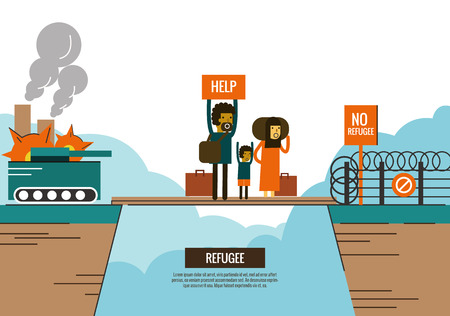 Refugee people on the bride between civil war and border Closed. war victims concept. thin line flat design. vector illustrationのイラスト素材