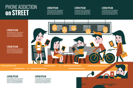 Smartphone addiction on street. flat character and infographic design. illustrationのイラスト素材