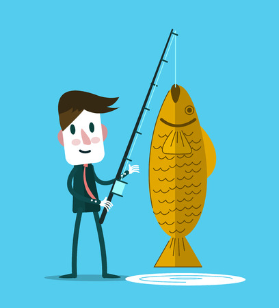 Businessman fishing a big golden fish. business opportunity concept. flat design elements. vector illustrationのイラスト素材
