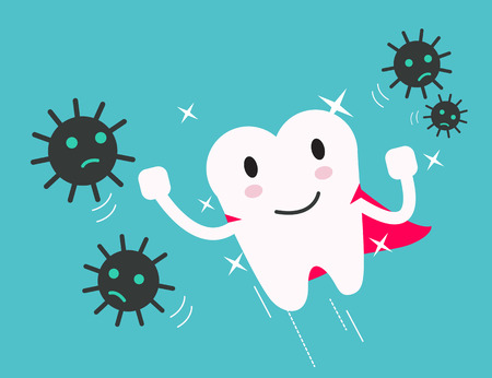 superhero healthy tooth attack bacteria and germ. flat design illustrationのイラスト素材