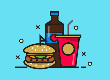 Burger and cola drink. fast food meal. flat line design elements.のイラスト素材