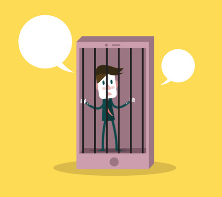 Man has been detained in phone prison. Phone addiction concept. flat design elements.のイラスト素材