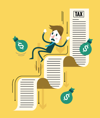 Businessman and his money flowing down on tax document. tax debt burden. flat design elements.のイラスト素材