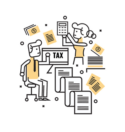 Busy Business people with Tax documents. Tax concept. flat thin line icons design. vector illustrationのイラスト素材