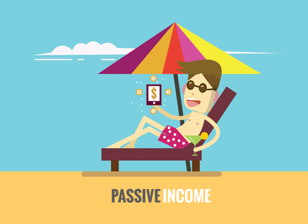 Man on the beach and income money showing in smartphone . Passive income concept. flat design elements. vector illustrationのイラスト素材