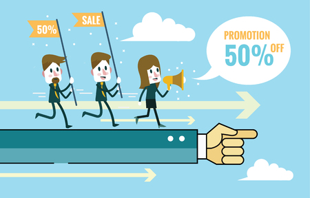 Marketing Teams go forward on hand command. Teamwork and Marketing plan concept. flat design elements. vector illustrationのイラスト素材