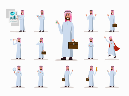 Set of Arabic businessman character poses. office life concept. flat design elements. vector illustrationのイラスト素材