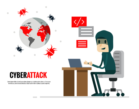 Cyber Attack concept. Hacker sending virus attack the world. Flat character design. vector illustrationのイラスト素材