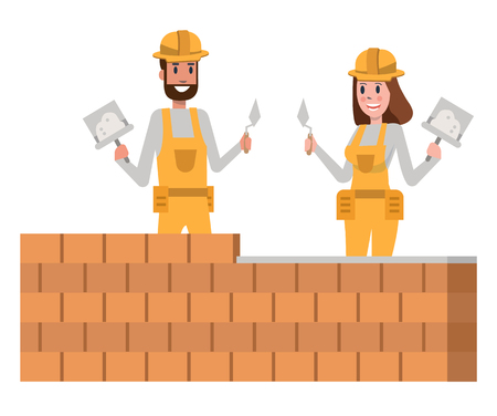 Couple of brick builder team in a yellow protective hardhat. flat character design vector illustrationのイラスト素材