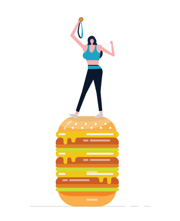 Young sport woman holding gold medal  standing on big burger. Exercise and junk food concept. flat design. vector illustrationのイラスト素材