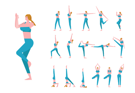 Set with beautiful Caucasian woman in poses of yoga. flat character design. vector illustration のイラスト素材