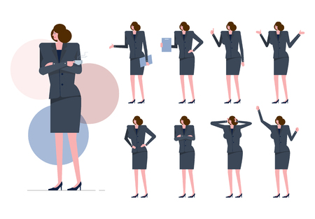 Business woman Set.  Worker woman with gray suit on many pose. flat character design. vectorのイラスト素材