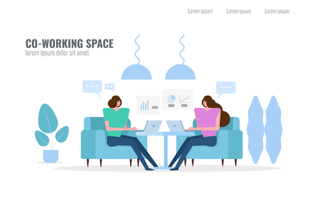People talking and planing in co-working space. flat character design vector illustrationのイラスト素材
