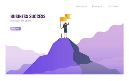 Business woman holding flag on the top of peak. Business Successful and  Leadership  concept. vector illustrationのイラスト素材