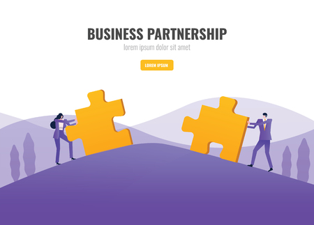 Two business people pushing and assembling jigsaw puzzles.Business opportunity and partnership concept. vector illustrationのイラスト素材