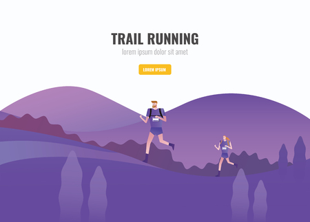 Trail Runner of men and women running on the mountain. beautiful scenery Background. vector illustrationのイラスト素材