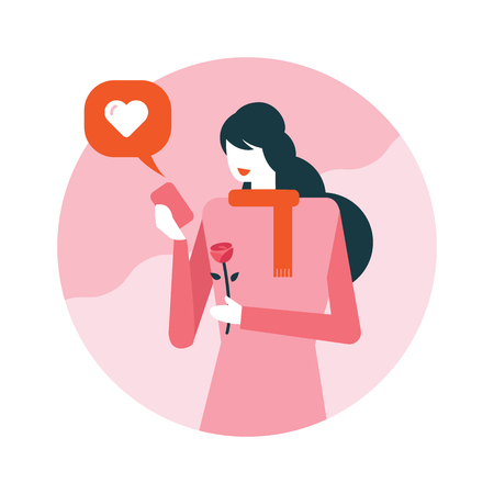 Happy woman receive love text message on mobile phone. Happy valentine's day. flat icons design. vector illustrationのイラスト素材