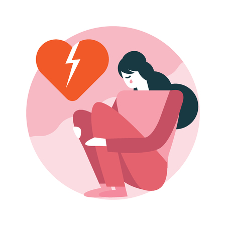 Woman broken heart sitting in room. Happy valentine's day. flat icons design. vector illustrationのイラスト素材