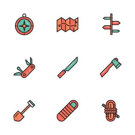 Camping and outdoor tools, compass, map, knife and more. flat thin line icons design. vector illustrationのイラスト素材