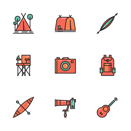 Camping and outdoor tools, tent, hammock, camera and more. flat thin line icons design. vector illustrationのイラスト素材