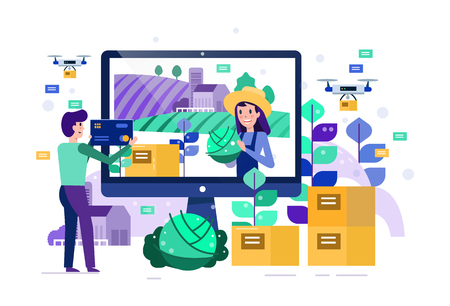 Smart farmer sell organic vegetables on Internet market and using drone delivery.  Future agriculture concept. Flat design elements. Vector illustrationのイラスト素材
