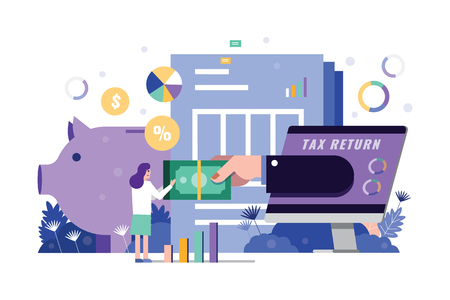 Woman receive tax return form hand on computer desktop. Piggy bank and tax documents in background. Tax online platforms concept. Flat design element. Vector illustration.のイラスト素材