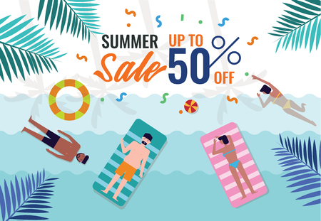 Summer Sale banner. Summer activity on the beach. flat design vector illustration.のイラスト素材