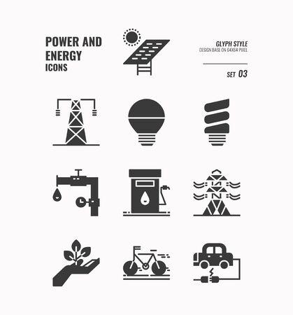 Power and energy icon set 3, Solar Cell, light bulb, pipe, oil, electric tower, bike, electric car and more, Glyph icons Design. vectorのイラスト素材