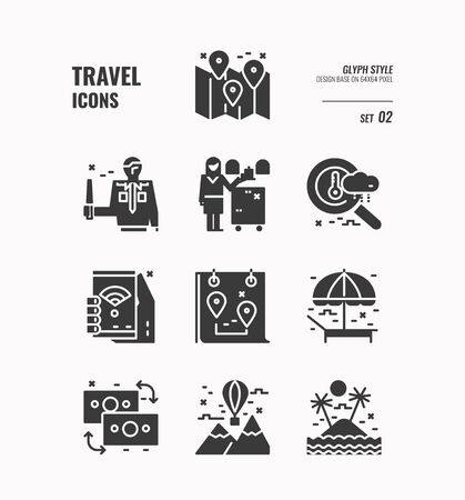 Travel icon, Map, weather, wifi, landscape, money exchange and more, Glyph icons Design. vectorのイラスト素材