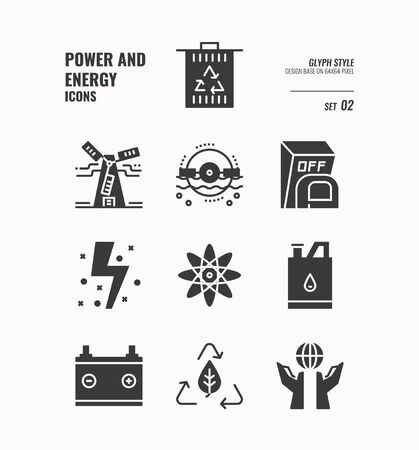 Power and energy icon set 2, Trash, recycle, atom, water power, save world, reuse and more, Glyph icons Design. vectorのイラスト素材
