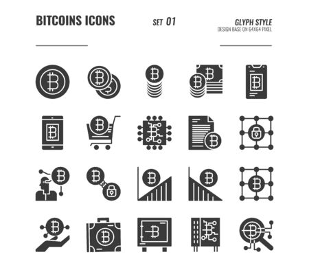 Bitcoin and cryptocurrency icons set 1, digital currency, online shopping, blockchain security and more concept, Glyph icons Design. vectorのイラスト素材