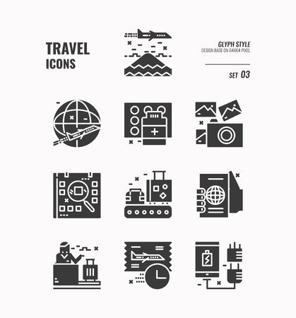 Travel icon set, Airplane, Passport, counter service, ticket and more, Glyph icons Design. vectorのイラスト素材