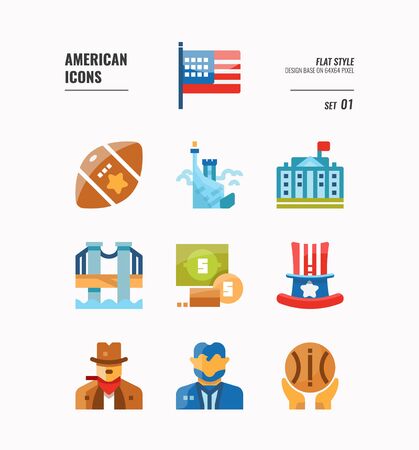 American icon set 1. Include USA flag, rugby ball, freedom monument and more. Flat icons Design. vectorのイラスト素材