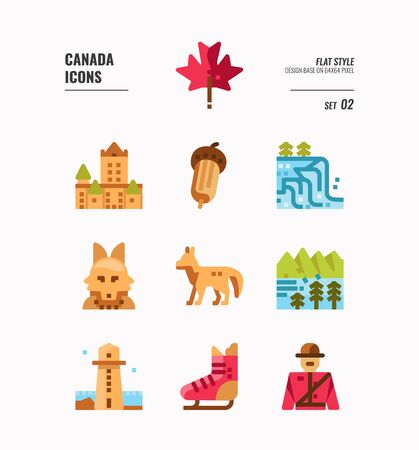 Canada icon set 2. Include Canada landmark, Maple leaf, landscape, red fox and more. Flat icons Design. vectorのイラスト素材