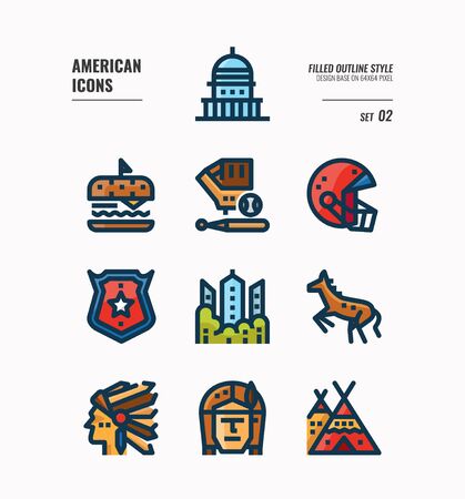 American icon set 2. Include Landmark, Red Indian, food and more. Filled outline icons Design. vectorのイラスト素材
