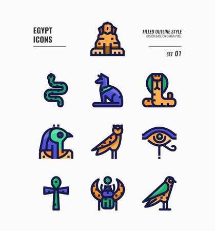 Egypt icon set 1. Include Sphinx, Horus, Ankh, Cobra, owl and more. Fill outline icons Design. vectorのイラスト素材