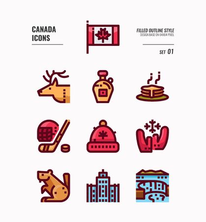 Canada icon set 1. Include Canada flag, Maple syrup, niagara fall, hockey, animal and more. Filled Outline icons Design. vectorのイラスト素材