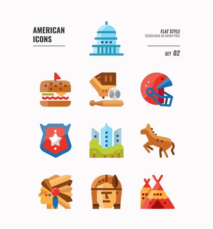 American icon set 2. Include Landmark, Red Indian, food and more. Filled Outline icons Design. vectorのイラスト素材