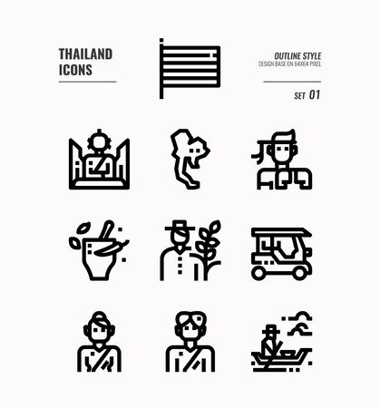 Thailand line icon set 1. Include flag, map, people, transportation and more. Outline icons Design. vectorのイラスト素材