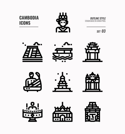 Cambodia  line icon set 3. Include landmark, music, people, culture and more. Outline icons Design. vectorのイラスト素材