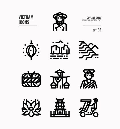 Vietnam line icon set 3. Include landmark, people, food, culture and more. Outline icons Design. vectorのイラスト素材